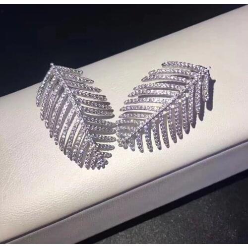 925 sterling silver with cubic zircon leaf feather stud earring fine women jewelry free shipping