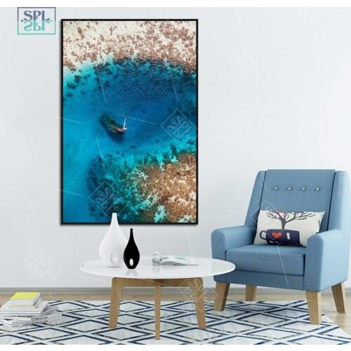 Nordic Blue Seascape Beach Poster and Prints Modern Scandinavian Decor Canvas Painting Sailing Boat Wall Art Picture for Bedroom