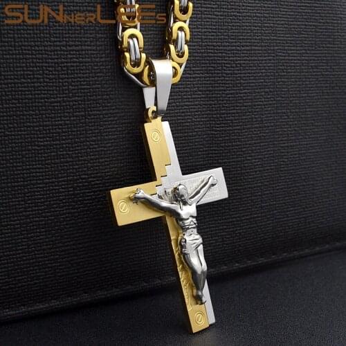 SUNNERLEES 316L Stainless Steel Jesus Christ Cross Pendant Necklace Byzantine Link Chain Men Boys Gift SP220