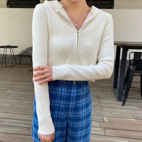 UNUTH Girls Slim Bomb Short Hooded Shirts 2021 Spring-Autumn Fashion Ladies Knitted Cotton Blouses Vintage Women Chic Tops