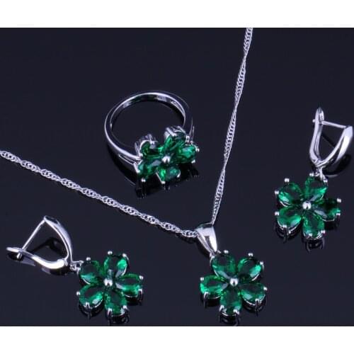 Magnificent Flower Green Cubic Zirconia Silver Plated Jewelry Sets Earrings Pendant Chain Ring V0253