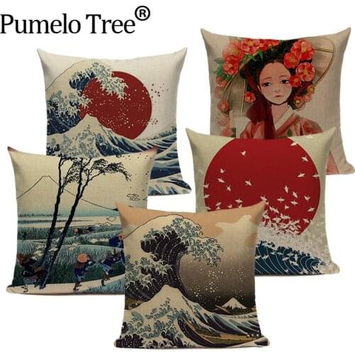Vintage Decorative Cushion Covers Custom High Quality Linen Village Style Ukiyo Decor Pillowcase 45X45Cm Square Printing Pillows