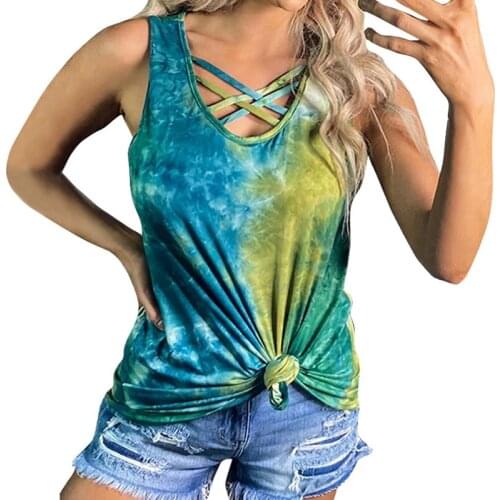Hollow Out T-shirt Tie Dye Tops Tee Women Summer Sleeveless 2020 harajuku camiseta mujer tee shirt femme streetwear v-neck Tops