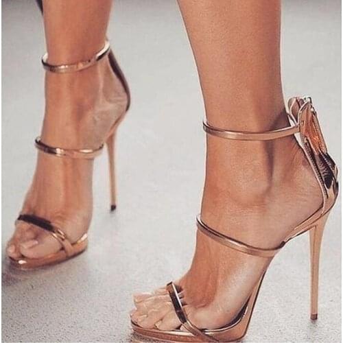 Large Size Women sandal Gold Silver Metallic Leather Roman Sandals Cut-out Zipper Thin Heels Ladies Dress sandal Cross Straps