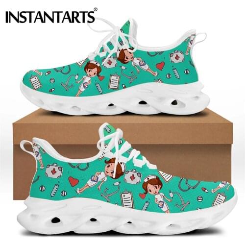 INSTANTARTS Green Premiun Sketch Physio Surgeon Design Sneaker Women Nurse Shoes Breathable Female Lace-Up Flat Outdoor Footwear