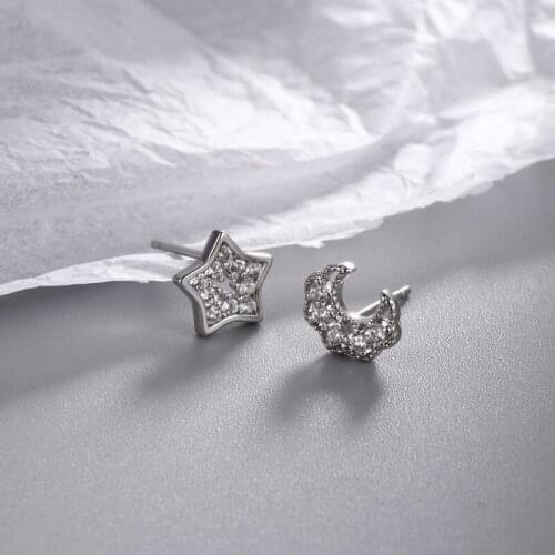 2021 New Arrival Full Crystal Simple Temperament Zircon Moon Star Stud Earrings For Women Shiny Jewelry Fashion Asymmetry Bijoux