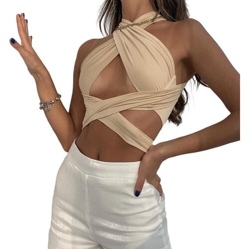 Womens Summer Sexy Vest Crop Top Halter Cross Cut Out Solid Color Overlapping Hollow Out Umbilicus Exposure Camisole Clubwear