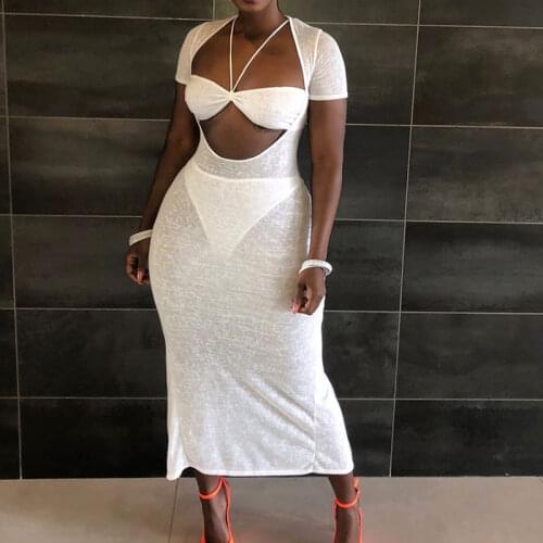 BAMBOOBOY Summer New Womens Sexy Brassiere Halter Cut Out See Through Split Beach Holiday Club Fitted Dress ZL1327