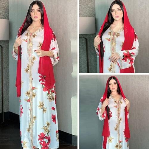 Ethnic Kaftan Abaya Muslim Women Floral Print Long Dress Dubai Arabic Middle East V-neck Middle East Islamic Jalabiya Moroccan