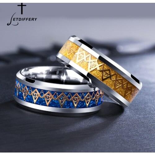 Letdiffery Gold-Color Masonic Stainless Steel Titanium Band Men Ring Cool Black Freemason Male Rings USA Size 5-13