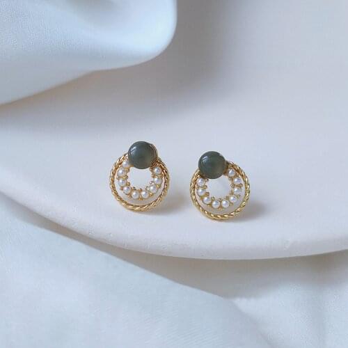 2021 New Arrival Trendy Round Simulated-pearl Blue Round Simple Stud Earrings For Women Fashion Gold Metal Jewelry