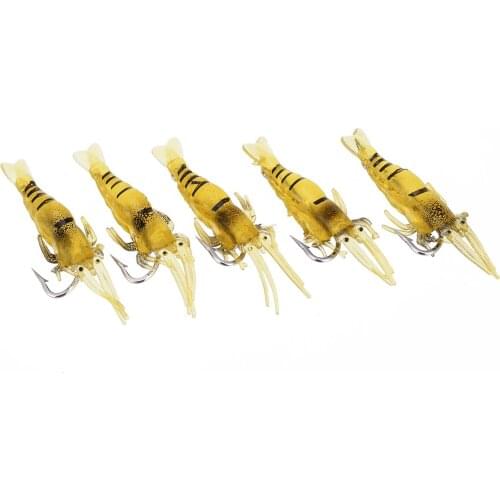 5Pcs/Lot PVC Simulation Fishing Lure Fake Shrimp Prawn Saltwater Lure Yellow Single Hook Tackle Bait Fishing Lures