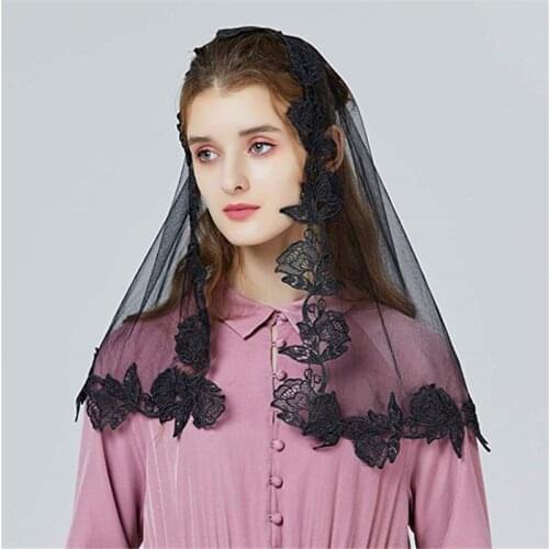 Women D shape Mantilla Veils Head Covering for Church Catholic Chapel Headwrap Tulle Lace Spanish Black Ivory Rose Floral Clip