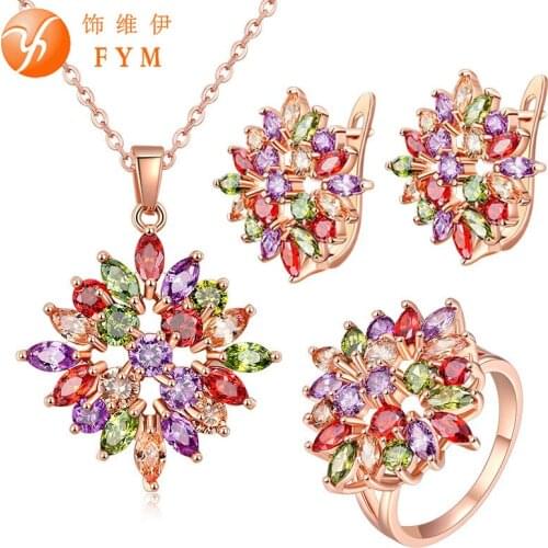 FYM Brand Bridal Jewelry Sets Rose Gold color Colorful Zircon Necklaces Pendants/Earring/Ring Bijoux Set FYMJS0127