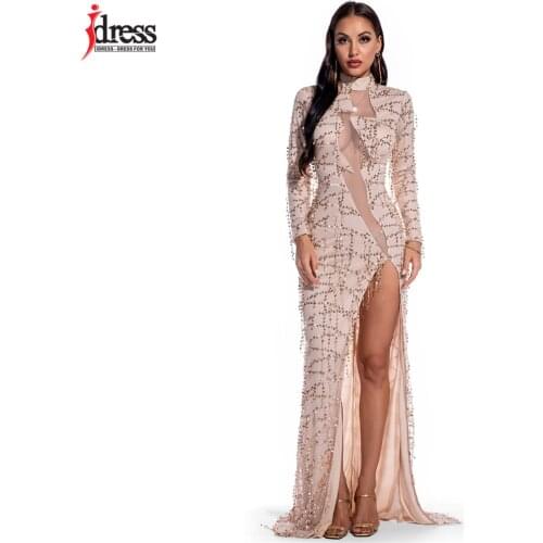IDress 2021 Floor-length Sequined Dress Women Sexy Mesh Retro Long Sleeve Fashion Slim High Split Lady Maxi Evening Party Dress