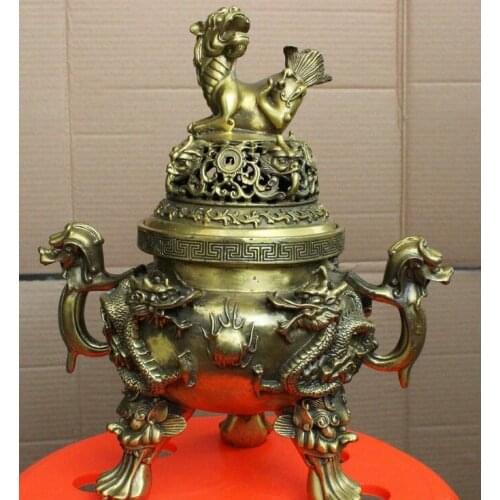 Chinese Buddhist Pure Bronze Dragon Beast Lion Fu Foo Dog Statue Incense Burner