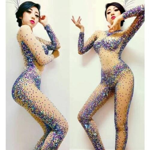 Sparkly Rhinestones Rompers Womens Jumpsuit Sexy Bodysuit Performance Party Celebrate Nightclub Singer Jazz DJ Dance Costumes