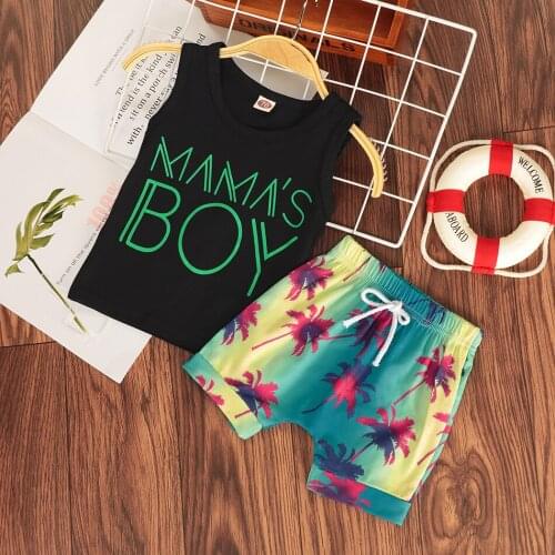 LUCKKIDS T-Shirt + Pant Suit For Kids Summer Vibe Sleeveless Outfit Letter Coconut Tree Birthday Gift6M-6T