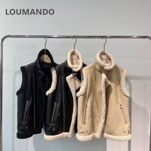 Fur all-in-one lamb fur Coat Vest Women 2021 Winter loose Stand Collar Stitching leather Motorcycle Clothing Fashion Trend