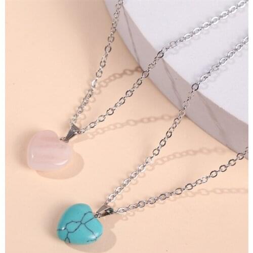 Fashion Simple Female Heart Shape Pink Green Natural Stone Pendants Necklaces For Women Silver Color Metal O-chain Necklace