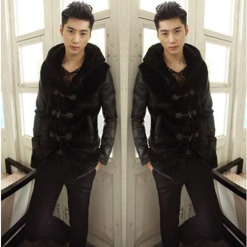 Hooded autumn winter mens faux mink fur coats orns thicken warm medium-long overcoat mens leather jackets masculino chaqueta