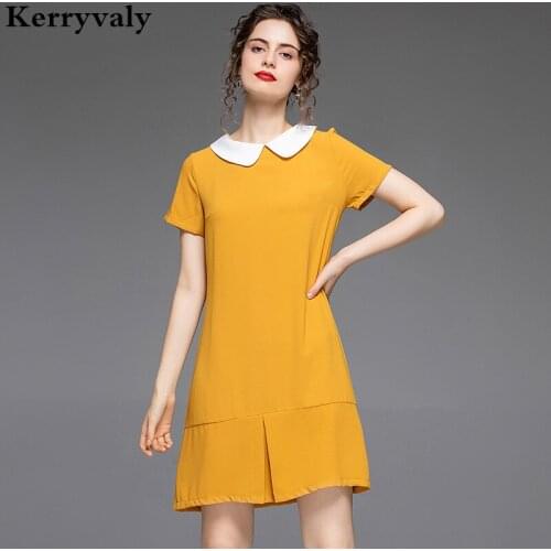 New Style Graceful Straight Summer Loose Dress Vestidos Mujer Verano 2021 Female Slimming Fashion Doll Collar Yellow Dress K8612