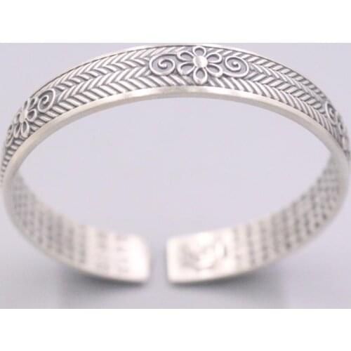 New Pure Solid 925 Sterling Silver Bracelet Flower Pattern And Buddhist Texts Cuff Bangle