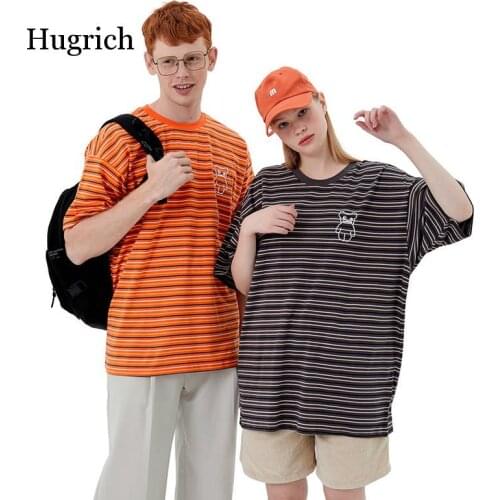 Striped Loose Bear Crew Neck Summer Short Sleeve T-Shirt Male Couple Bf Korean Style Youth Fashion Top