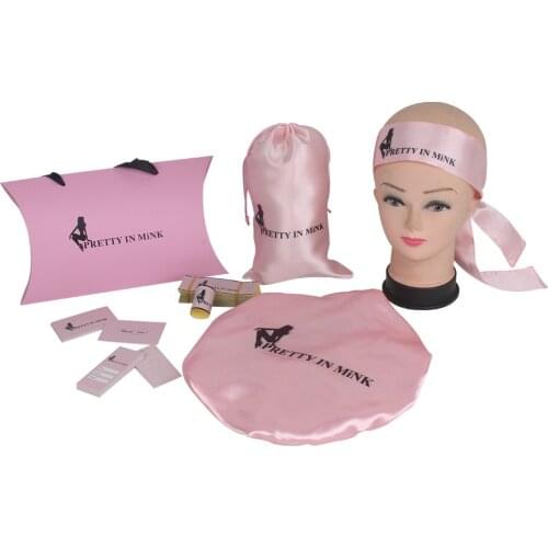 Custom Logo Virgin Hair Bundle Packaging Satin Bags/ Hang Tag / Sticker Hair Bundle Wraps/Bonnets/Headband