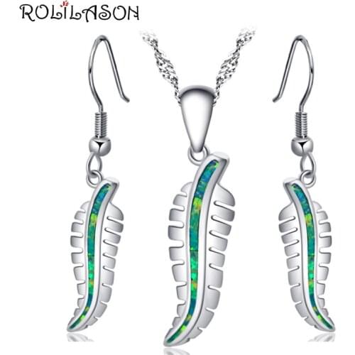 ROLILASON earrings pendant necklace Silver stamped 925 Green leaf fire opal set for women party gift OS033