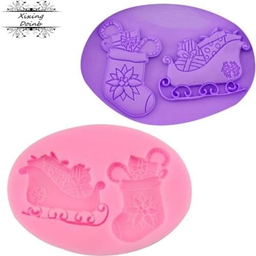 Christmas socks cake decoration tool Santa Claus sleigh fudge chocolate silicone mold sugar Kitchen Baking accessories