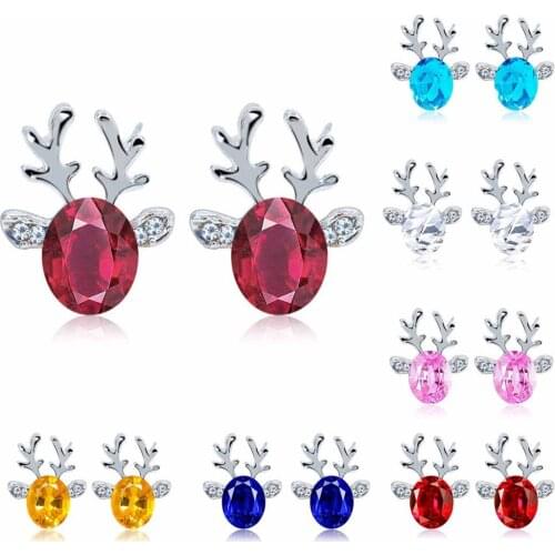 Christmas Deer Earrings for Women Cute Reindeer Ear Stud Multi Color Crystal Elegant Antler Stud Earrings Fashion Jewelry Gift