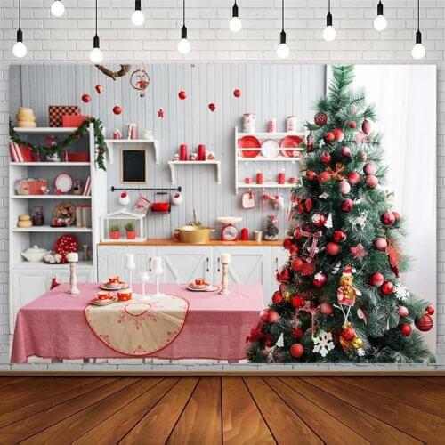 Christmas Kitchen Backdrop Tree Bell Gift White Cabinet Plank Children Photography Background Photo Studio Photozone Decor Props