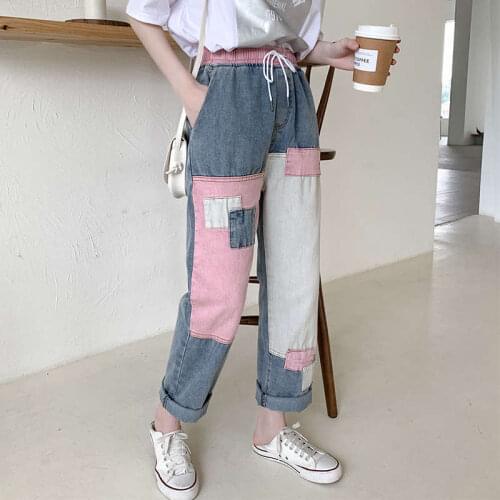S-5XL Plus Size Drawstring Waist Loose Straight Trousers Casual Womens Jeans Blue Pants For Women Streetwear Denim Jeans C7034