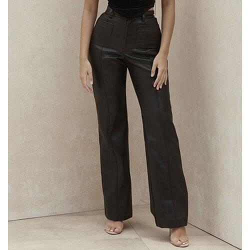 Sexy Women Autumn Faux Leather Straight Pants High Waist Pocket Loose Trousers 2020