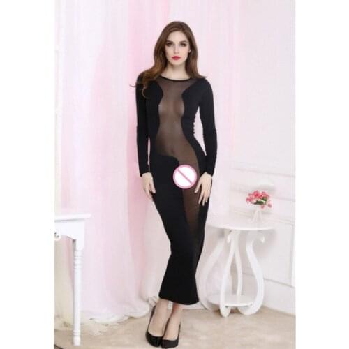 Sexy Sheer Dresses Women O Neck Lingerie Side Split Long Sleeve See Through Splicing Mesh Bodycon Exotic Long Dress Black