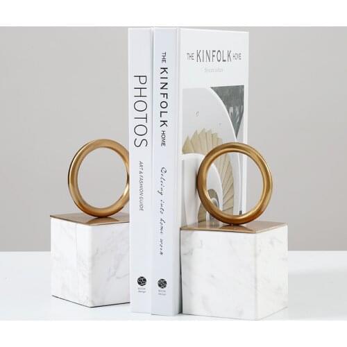 Modern Luxury Bookcase Marble Golden Metal Ring Bookend For Model Room Desk Book Stand Soft Decoration Ornaments Accessories