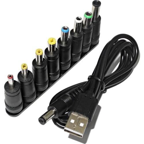 Universal Power Cable USB to DC 5.5 * 2.1mm Jack 5V Charging Cord with 8 Selectable Connector Tips for CCTV Cameras TV Box