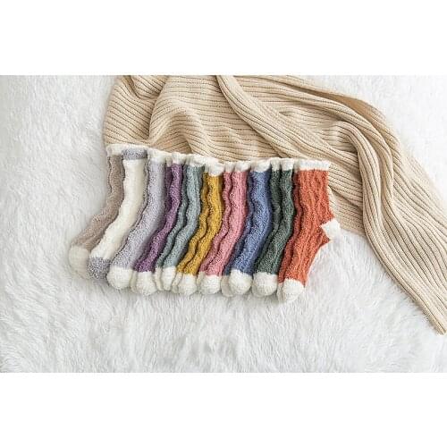 Yishine Candy Color 12 Pairs Winter Warm Coral Fleece Women Floor Socks Middle Tube Sock for Girls
