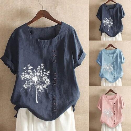 2021 Fashion Linen T shirt Women Plus Size Summer Clothing For Women Casual Dandelion Print Shirts Short Sleeve Loose Tee O-Neck