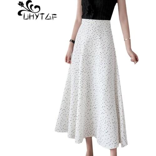 UHYTGF Women skirt Vintage high waist chiffon summer skirts womens White black print Wild skirt Elegant female long skirts 124