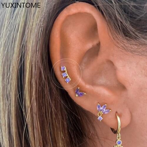 925 Sterling Silver Ear Needle Pave Crystal Earrings for Women Minimalist White Purple Zircon Stud Earrings Exquisite Jewelry