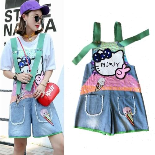 Colorful Cartoon sequin denim jumpsuit romper Women hollow out overalls Summer 2018 Loose denim Cute Party rompers tops NS942