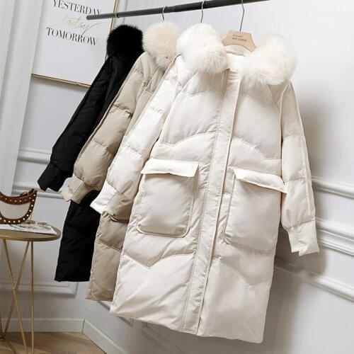 Women Down Jacket Natural Fox Fur Hooded Winter Jacket 90% White Duck Down Coat Female Casual Loose Thick Warm Parkas