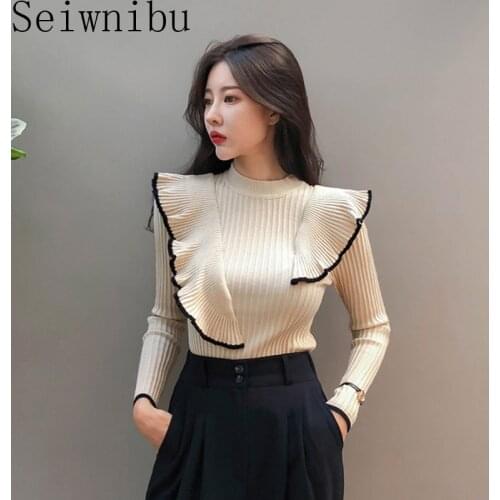 New Autumn Hit Color Ruffled Stitching Womens Pullover Sweater All-match Lotus Leaf Edge Female Knitwear Tops