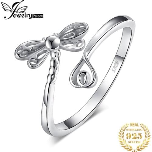 JewelryPalace Dragonfly Heart Love 925 Sterling Silver Open Adjustable Band Stackable Cuff Wrap Thumb Finger Rings for Women