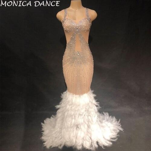 Women Sexy Stage White Feather Mesh Net Yarn Stones Dress Birthday Celebrate Transparent Net Yarn Dress Evening Costume Dress