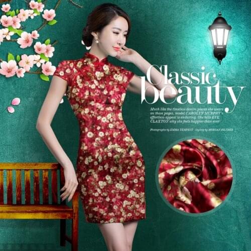 118cm wide 93% silk & 7% spandex 19mm dark red floral silk satin fabric for dress shirt clothes retail and wholesale