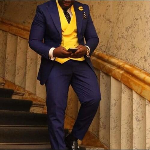 3 Piece African Men Suits Slim Fit Yellow Double Breasted Waistcoat Royal Blue Wedding Tuxedo for Groom Dinner Party with Pant