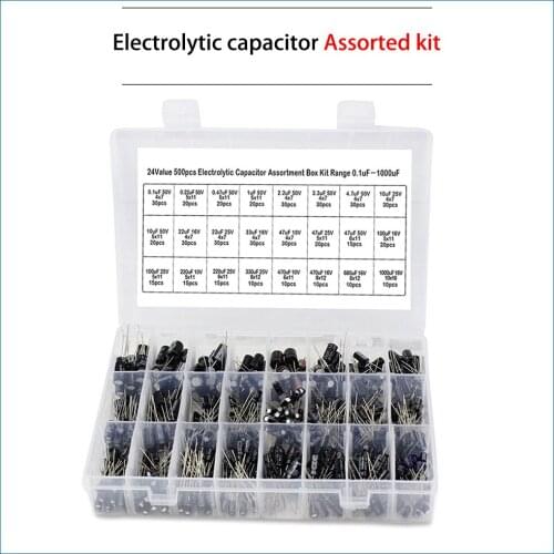 500Pcs/lot diy 0.1UF-1000UF 24Values Aluminum Electrolytic Capacitors 16-50V mix Electrolytic capacitor Assorted kit set box